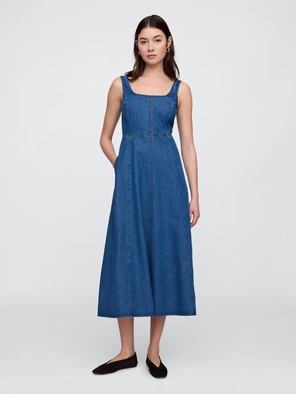 Gap Dress Womens XS Smocked Square Neck Denim Midi Blue
